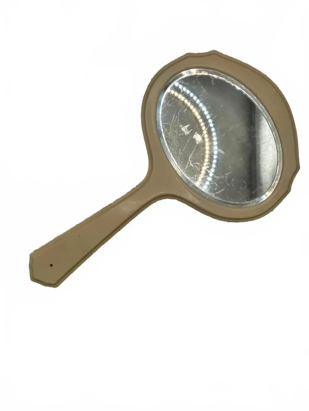 Vintage Celluloid Handheld Oval Mirror with Handle, Beveled glass